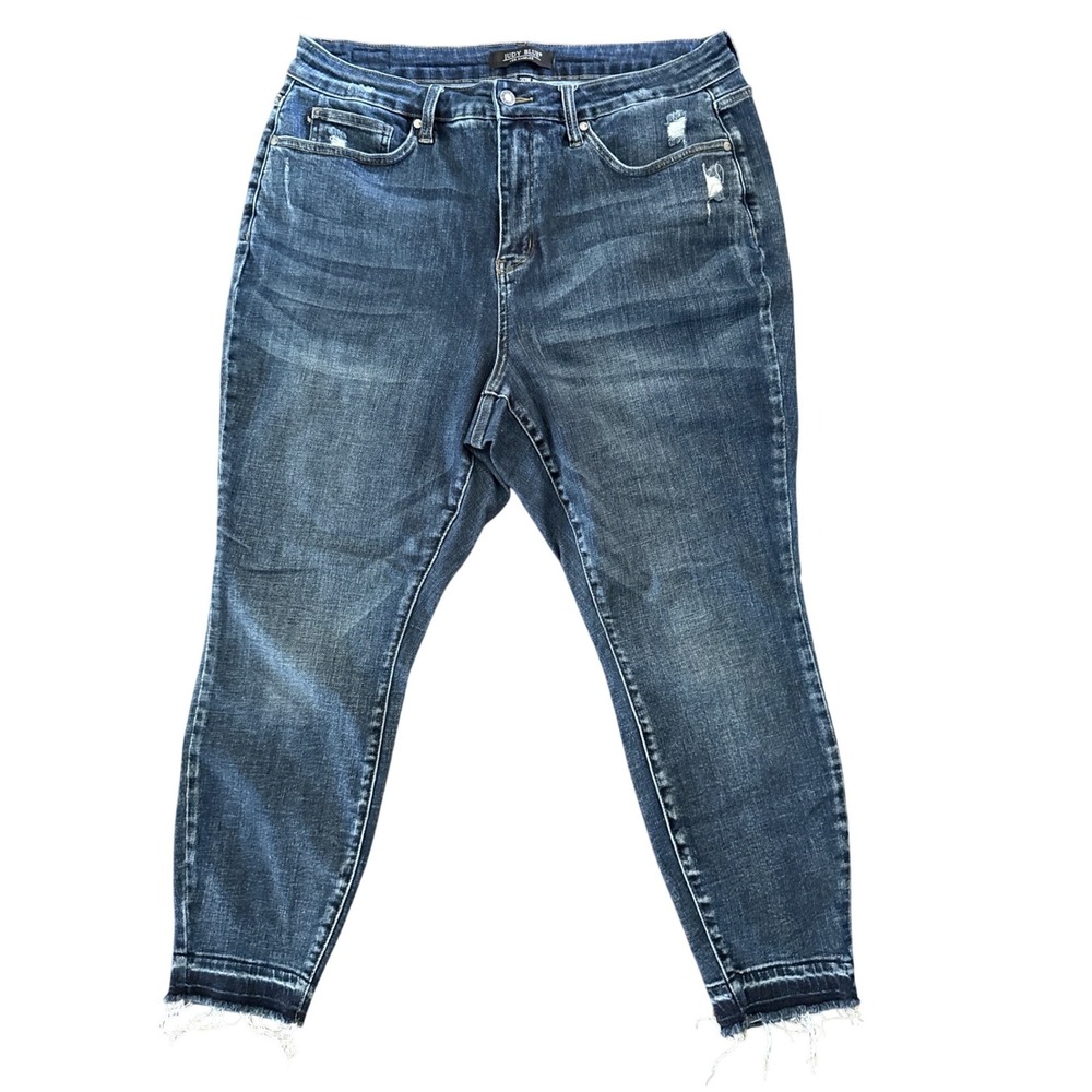 Judy Blue Womens Plus 20W High Rise Skinny Jeans Dark Wash Distressed Raw Hemβ